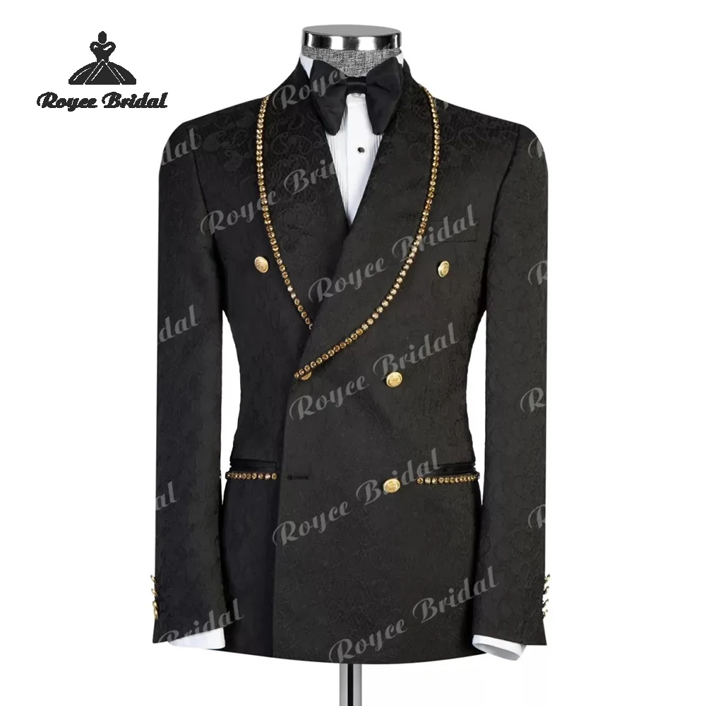 Zweiteiliger Herrenanzug mit goldenen Perlen, zweireihig, schwarzer Jacquard, lässiges Business-Party-Kostüm für Herren