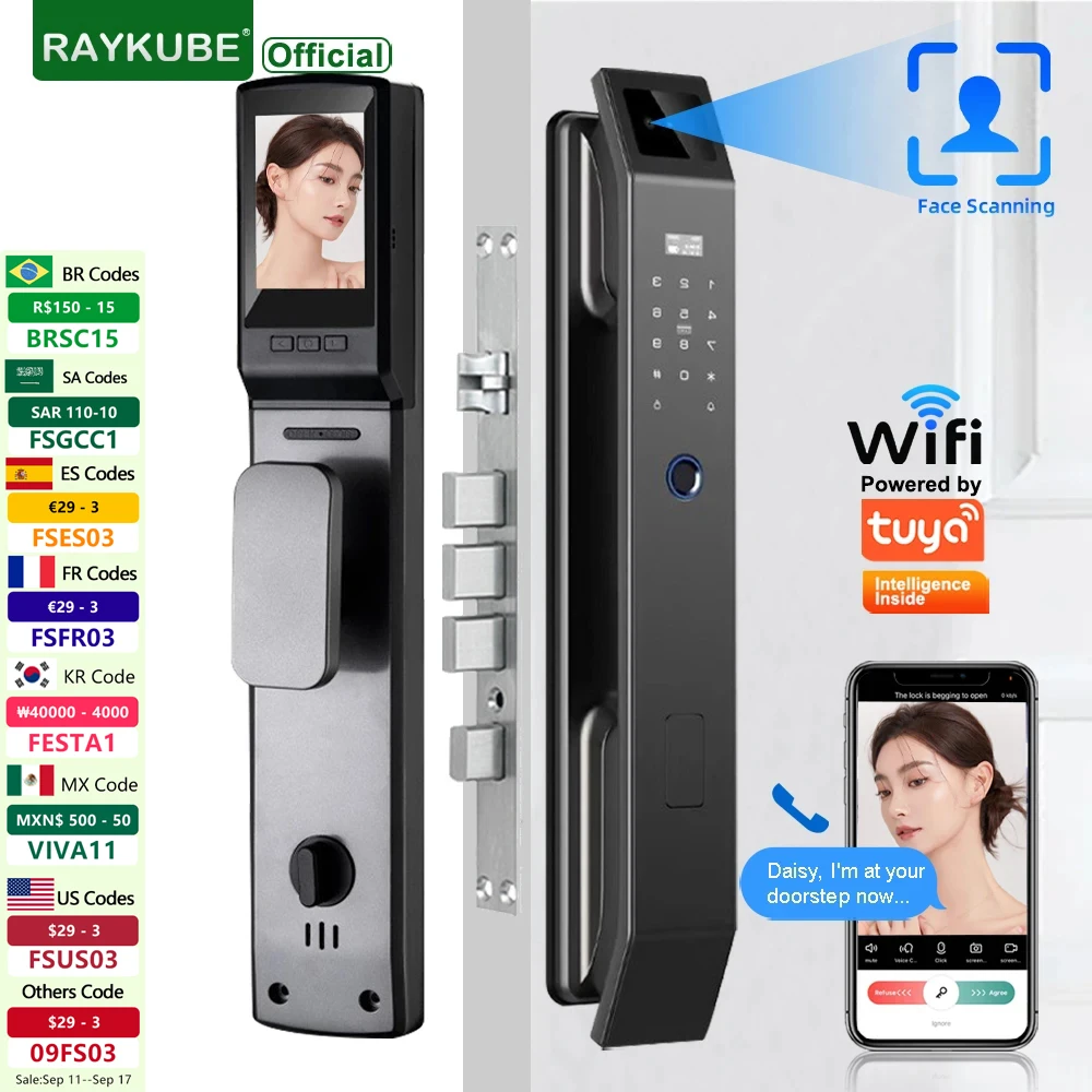 RAYKUBE DF14 Tuya WiFi 3D Face Recognition Digital Door Lock With Two-way Audio WiFi Camera Video Call APP Remote Unlock