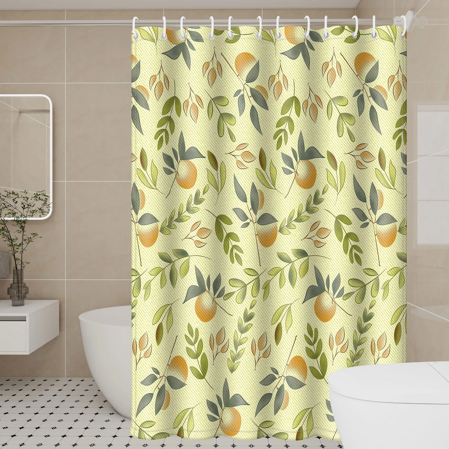 Sommer-Duschvorhang mit orangefarbenen Früchten – saftige Zitrusfrüchte, wasserdichtes Polyester im pastoralen Stil