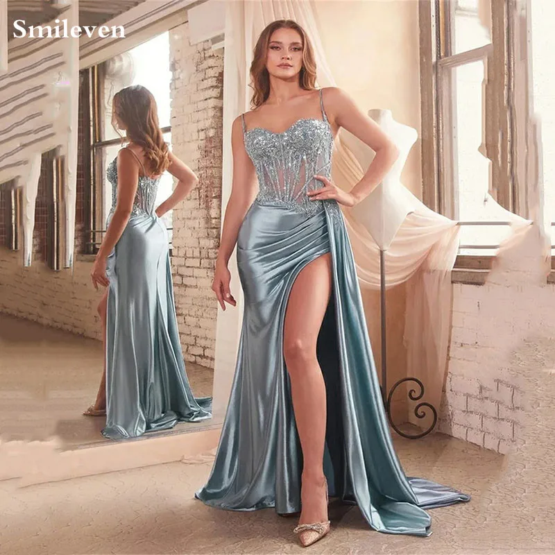 Smileven Hot Selling Luxurious Lace Mermaid Evening Dress Elegant Spaghetti Strap Prom Dresses Side Split Party Gowns Customized