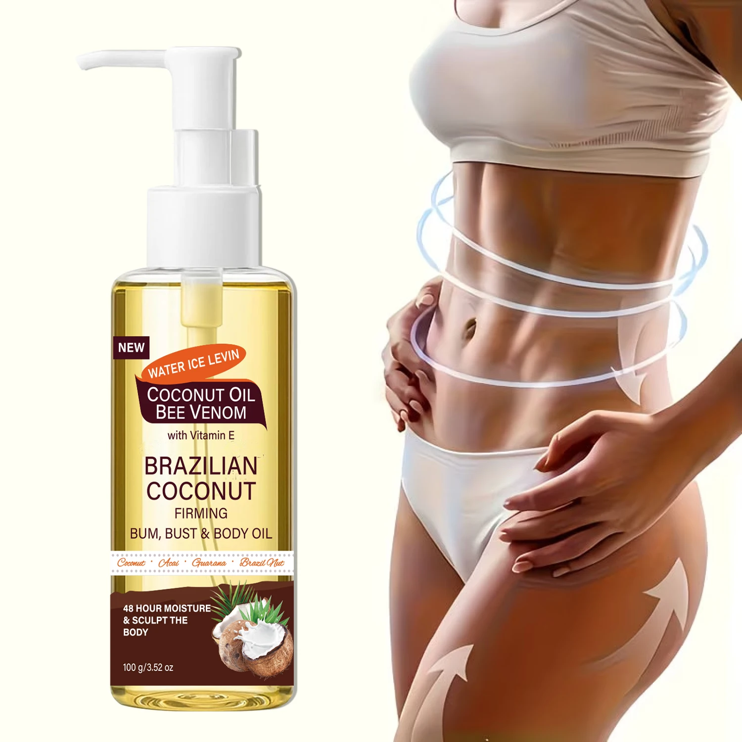 Aceite Corporal Reafirmante de Coco Brasileño, 48H de Hidratación y Esculpido con Açaí, Guaraná y Ácido Hialurónico para Glúteos y Busto