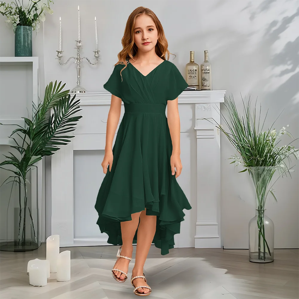 Um luxuoso vestido de dama de honra júnior com decote em v crianças azul flor menina vestido assimétrico chiffon a linha primavera soiree casamento