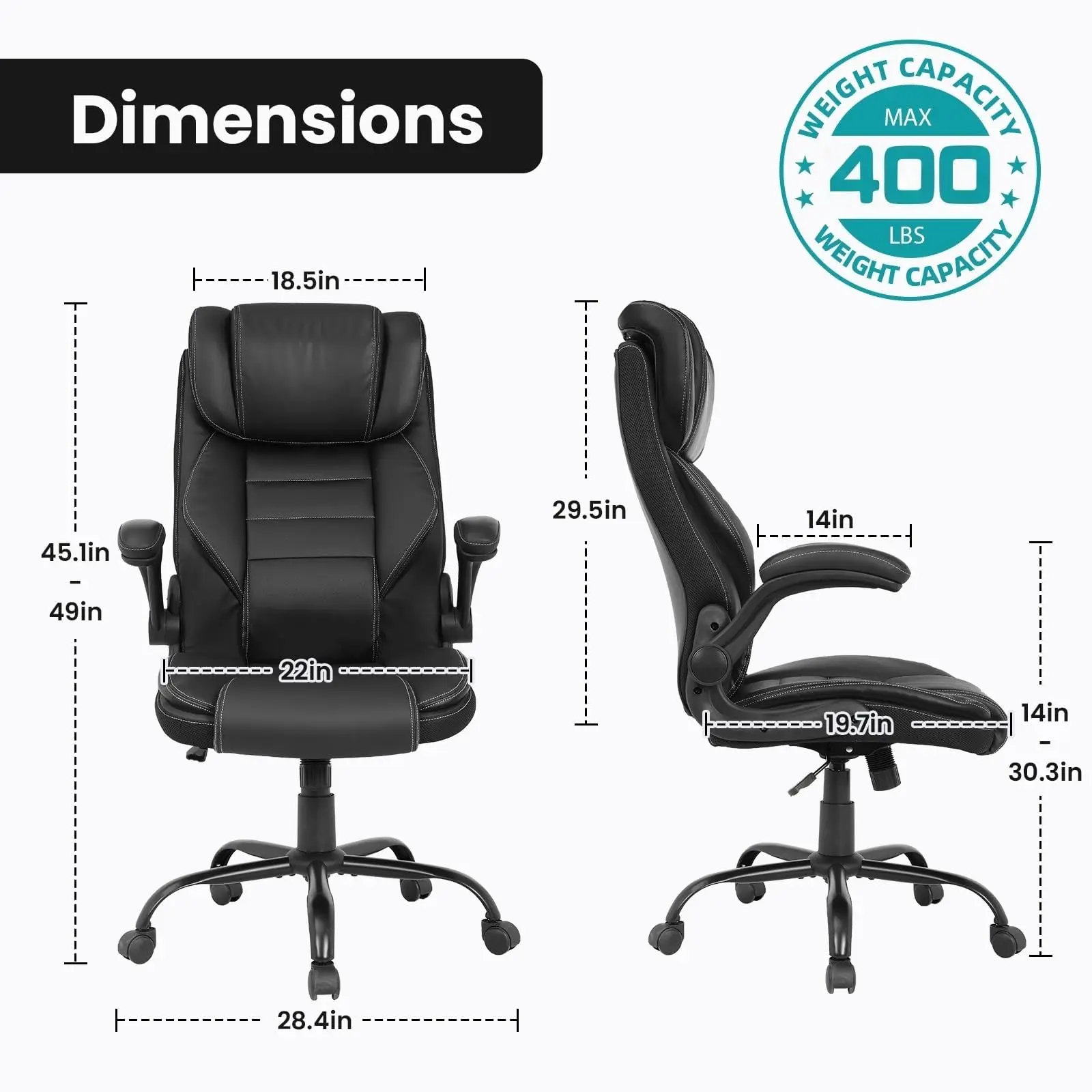 Chaise de bureau ergonomique de direction avec siège à ressorts ensachés double, support lombaire, appui-tête réglable en hauteur, fonction d'inclinaison réglable, accoudoirs relevables, capacité jusqu'à 180 kg, noir