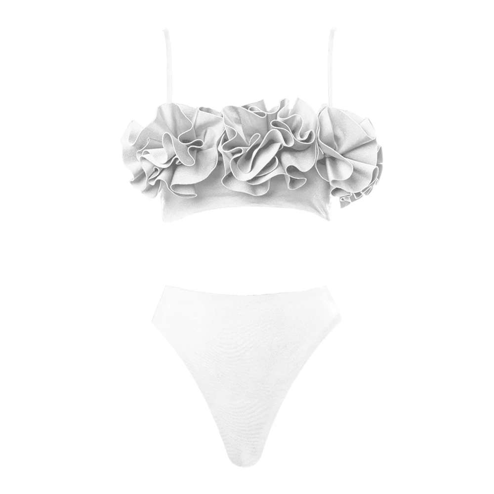 Solid Color 3D Flower Bikini Swimsuit White Boho Printed Swim  Push Up Micro Swimwear For Girls Surf Wear Summer Beach Solid