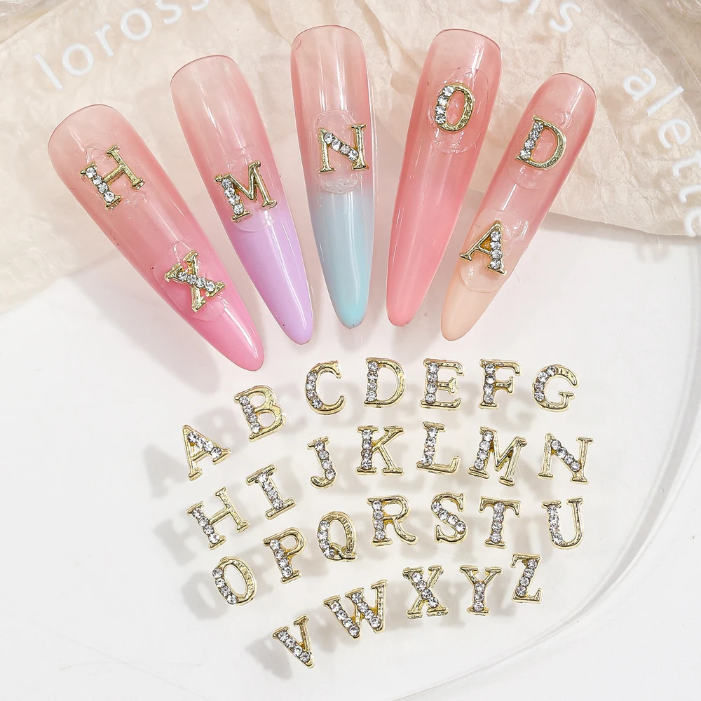 26 pçs carta encantos do prego 3d liga de luxo tira ouro diamante alfabeto prego strass kawaii dicas da arte do prego acessórios decoração