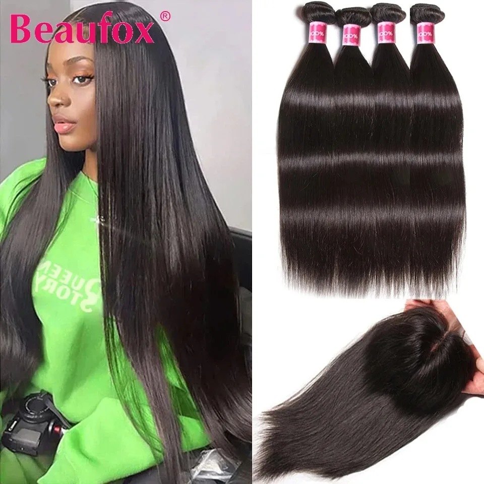 Beaufox-Peruvian Straight Pacotes de cabelo humano com fechamento, extensões naturais de cabelo preto, cabelo virgem, 3 Pacotes