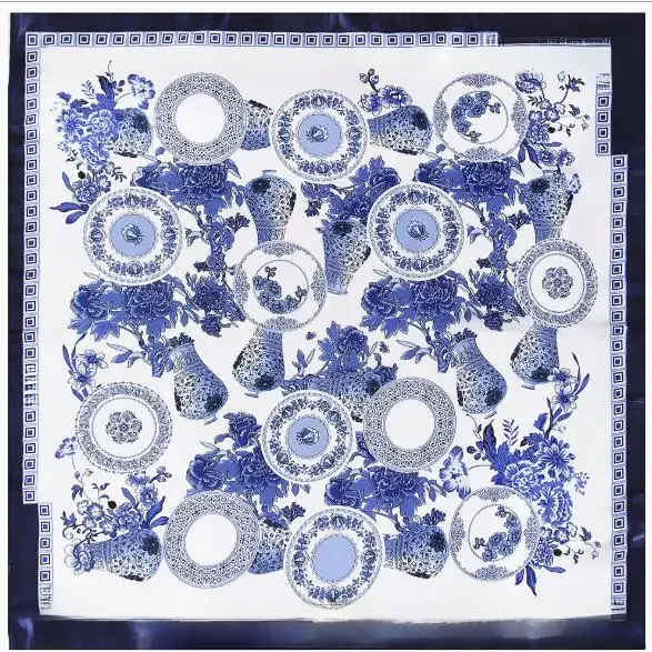 Nowy 90cm kobiety jedwabny szalik chiński niebieski i biały nadruk porcelanowy kwadratowy szaliki Lady Foulard opaska na głowę duża chusteczka — zdjęcie 2