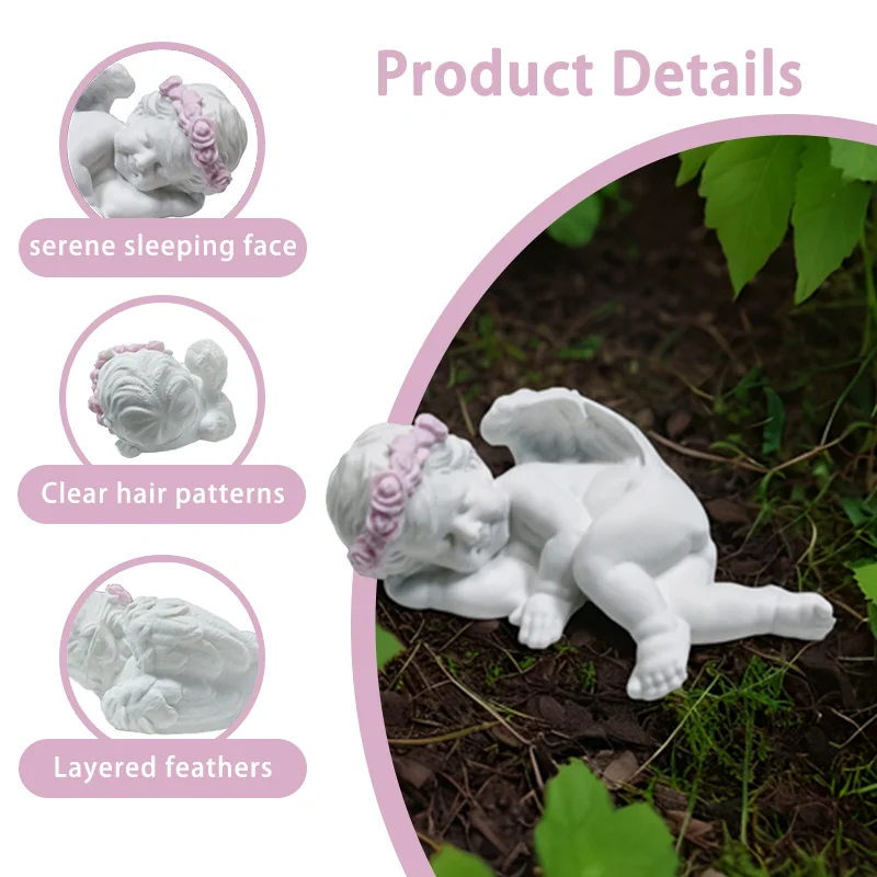 Sleeping Cherub Angel Figurine with Pink Flower Wreath, Cute Winged Baby Angel Statue, Garden Home Decor, Memorial Gift