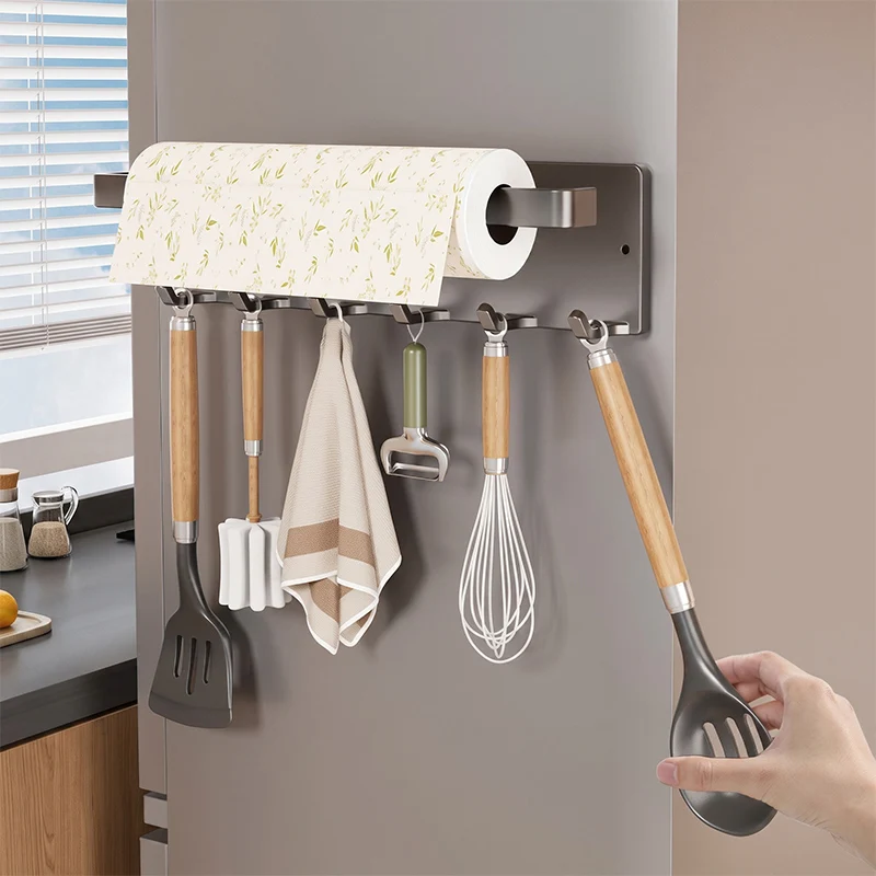 Kitchen Magnetic Paper Towel Holder Punch-free Cabinet Refrigerator Wall-mounted Cling Film Rack Roll Rag Storage Organizer