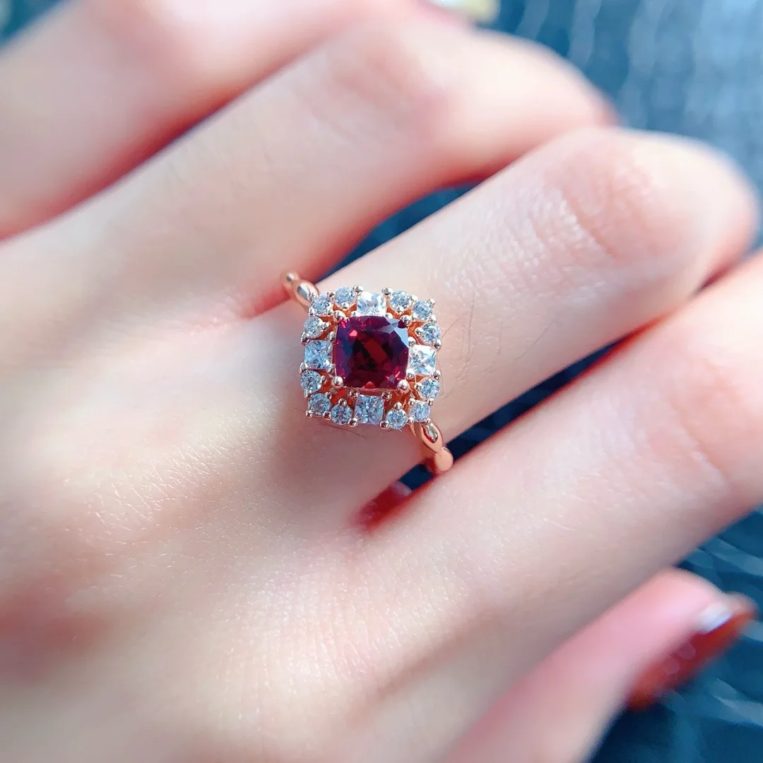 KJJEAXCMY girls' pure natural 5x5mm red garnet hollow ring 925 sterling silver electroplated 18K rose gold Christmas gift