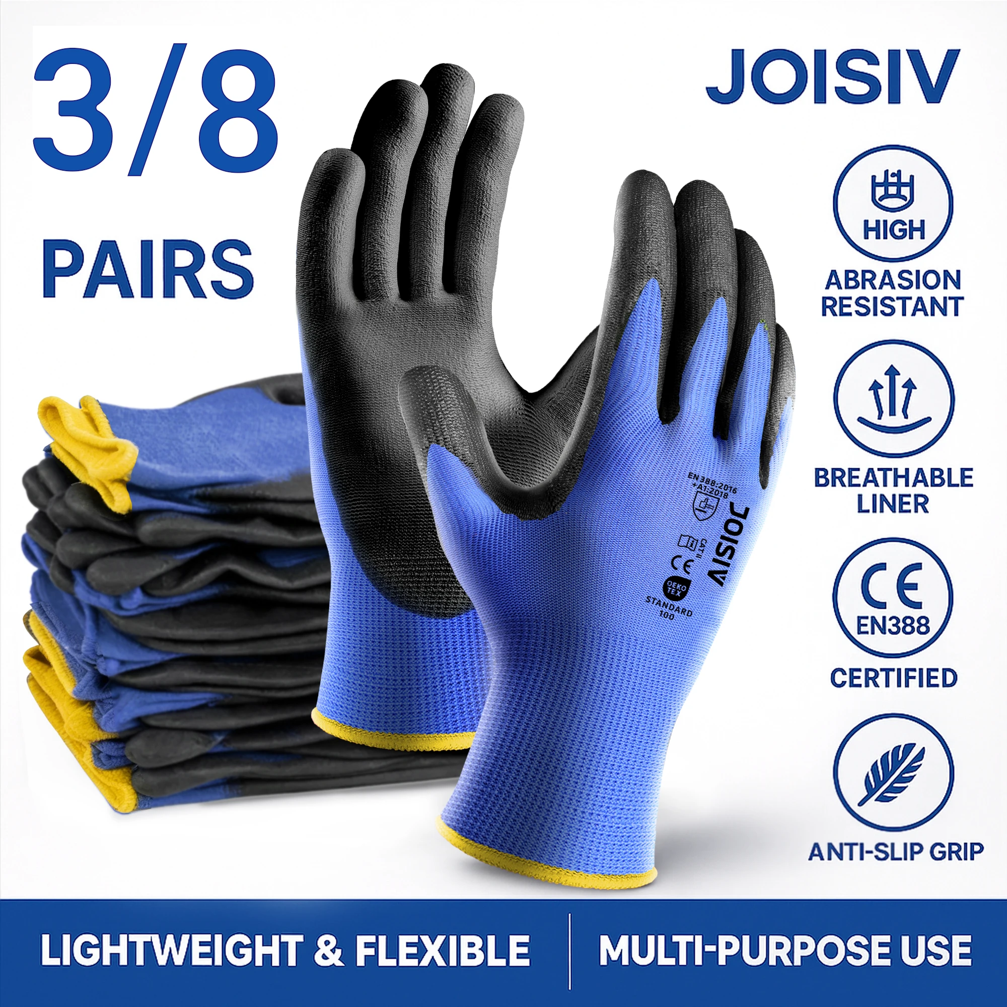 3/8 Pairs Blue PU Coated Seamless Hand Work Gloves for Men Durable Non-slip for Construction, Warehouse & Automotive