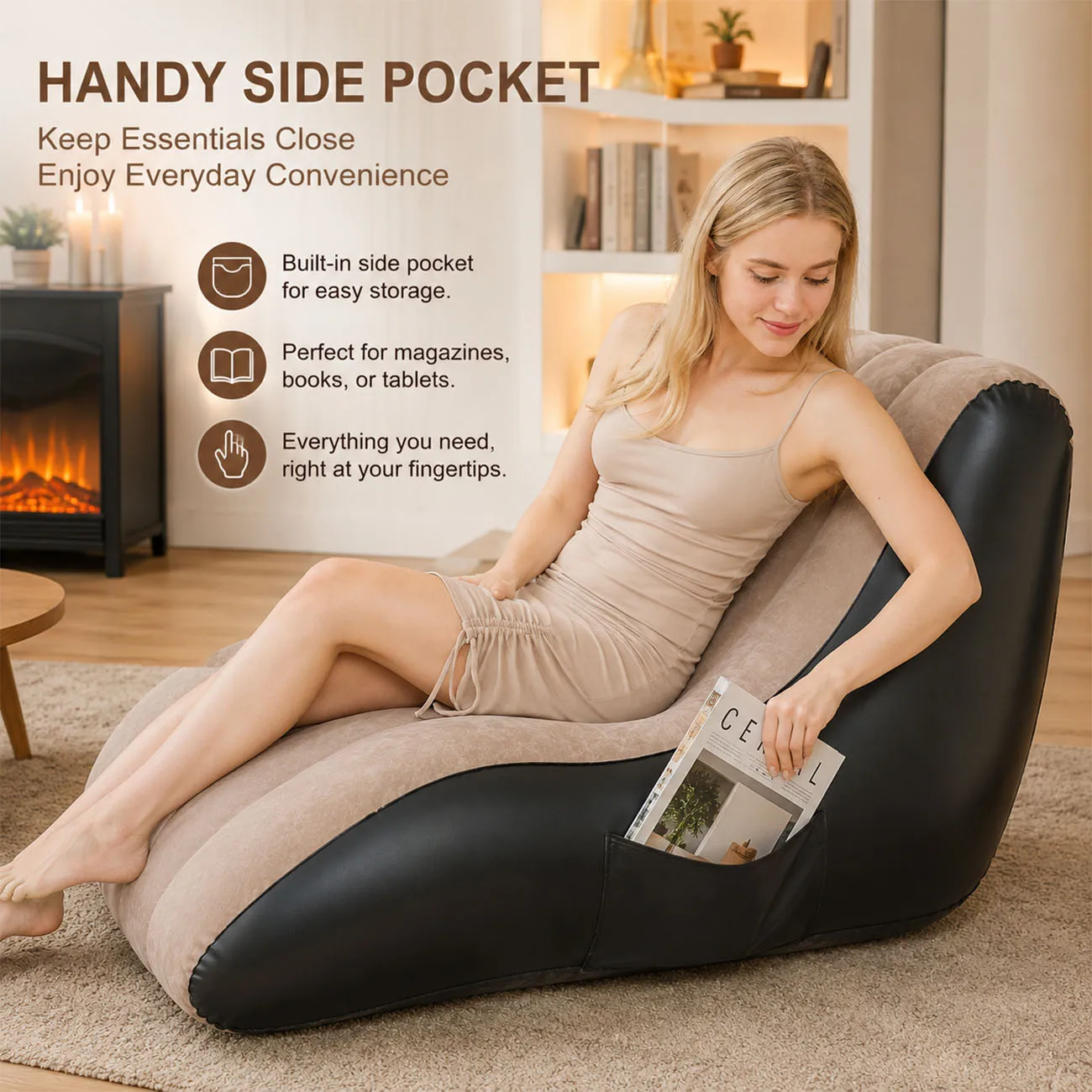 1PC Inflatable Chaise Lounge Sofa, Ergonomic Flocked Air Chair with Side Pocket, Portable Indoor Recliner for Living Room
