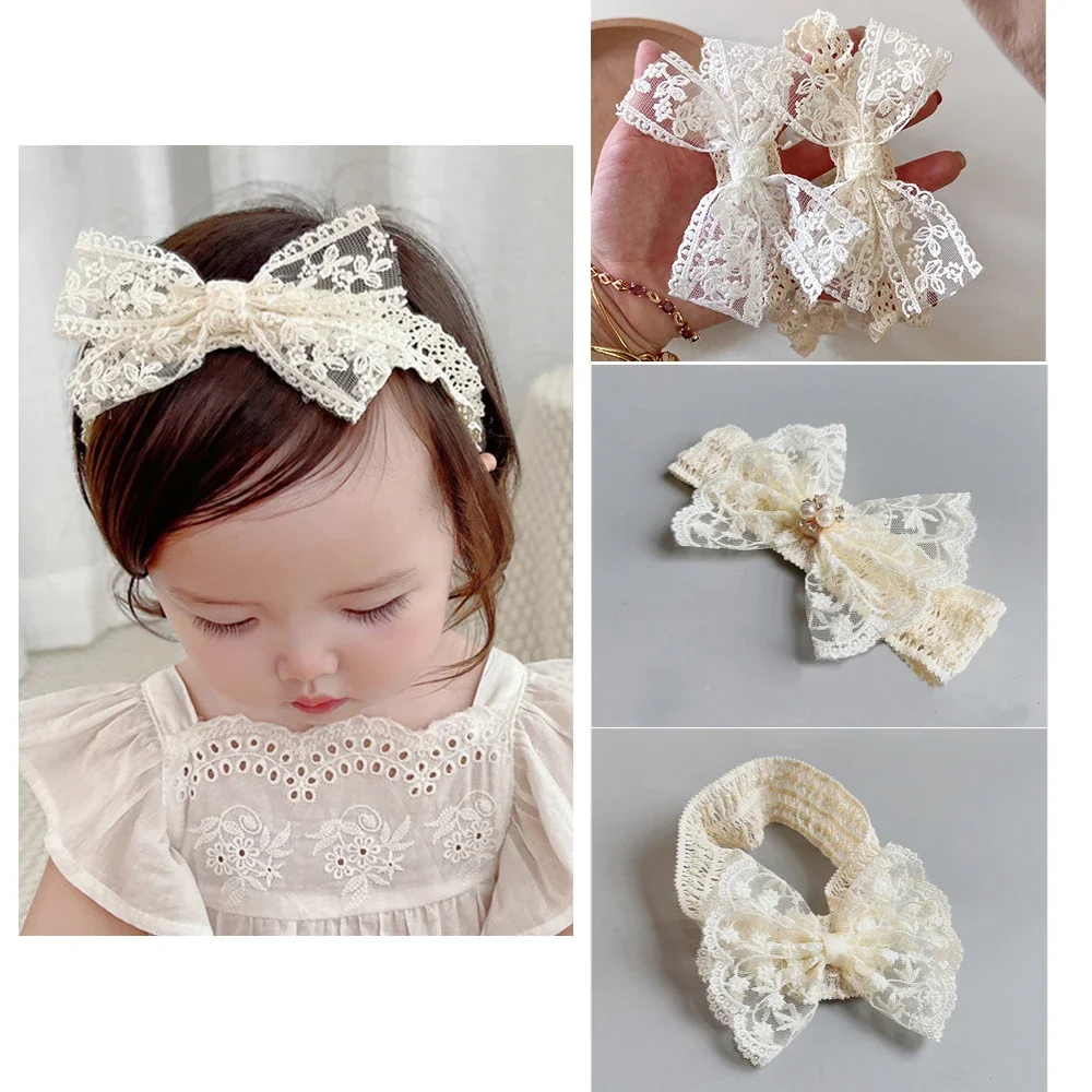 Weiße Spitze elastische Haar bänder Stirnbänder für Baby Mädchen süße Kinder Bogen Haarband Mode