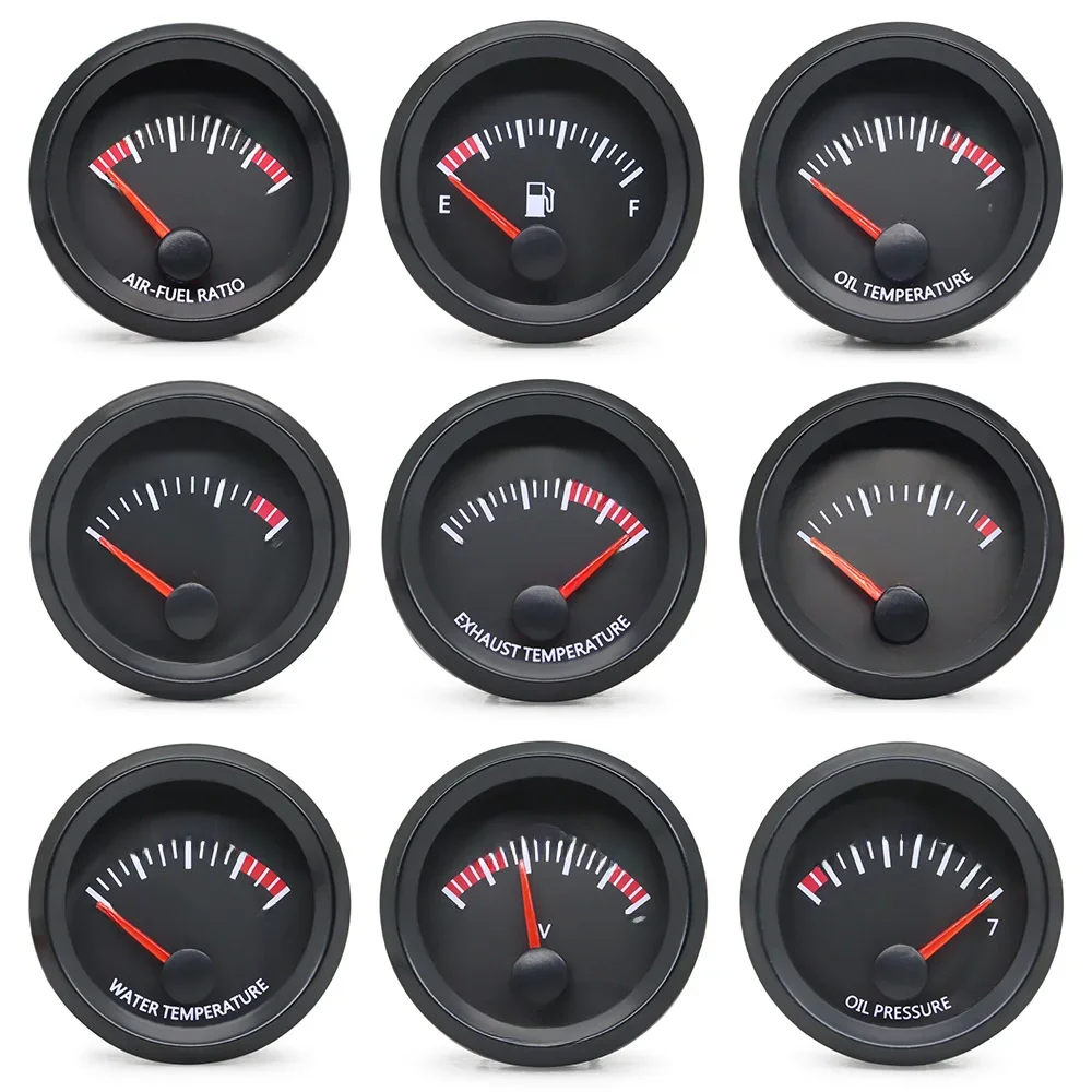 52MM Gauge 12V Water Temp Olietemperatuurmeter Oliedruk Brandstof Voltmeter Lucht Brandstofverhouding Boost Uitlaat Temp Meter Zwart Gezicht Gauge - afbeelding 2