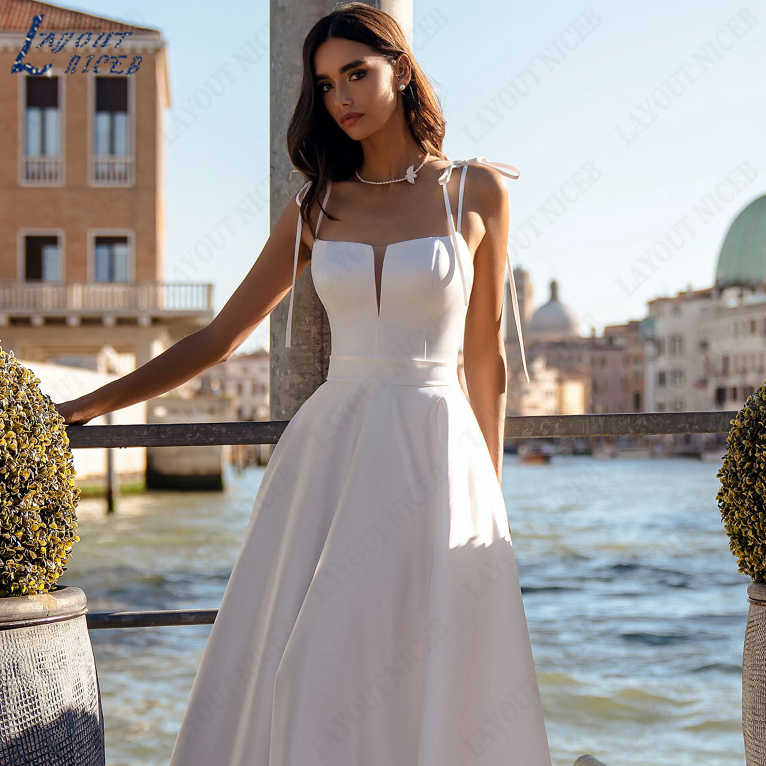 LAYOUT NICEB Customied Spaghetti Straps Strapless Satin Wedding Dress A Line Backless Bridal Gown For Destination Marriage