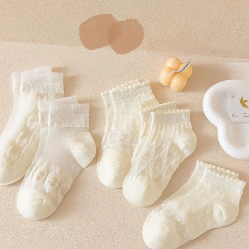5 paires d'été en coton doux fille chaussettes respirant enfants courtes cheville chaussettes enfants dentelle princesse maille à volants Lolita chaussettes