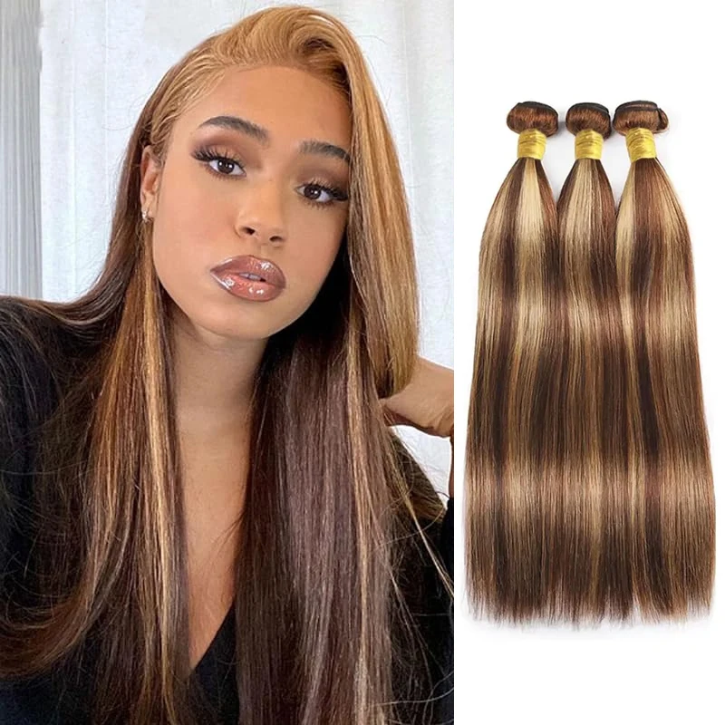 Honey Golden Human Hair пряди P4/27, бразильские прямые волосы пряди 100%, необработанные натуральные прямые волосы пряди