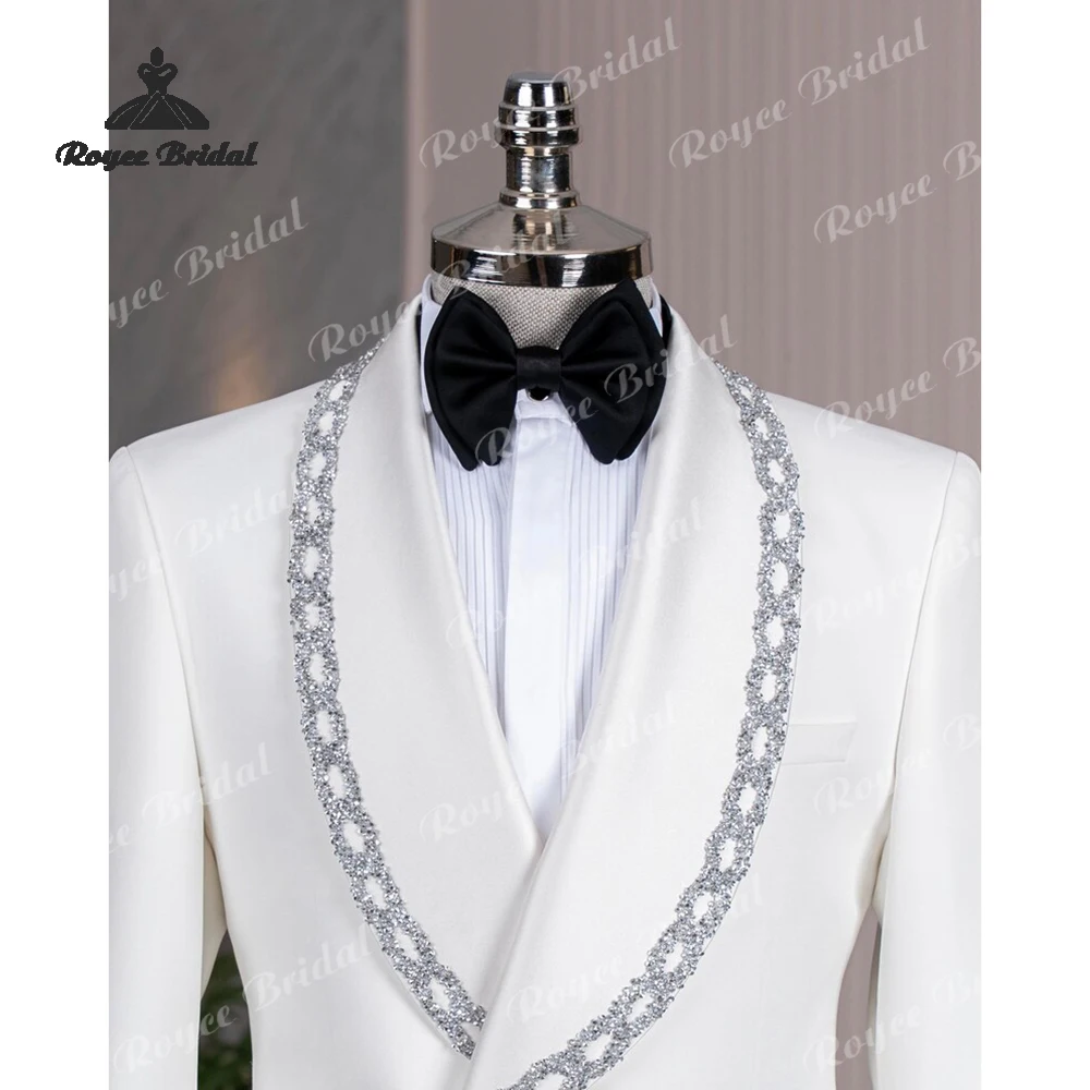 ชุดสูทแต่งงานผู้ชายแบบสองชิ้น กระดุมสองแถว ประดับคริสตัล สำหรับงานปาร์ตี้และงานกลางคืน ปกปิดคอ ทรงเข้ารูป