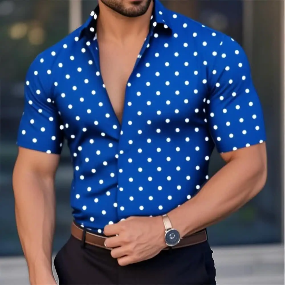 メンズシャツ ボタンダウンシャツ カジュアルシャツ サマーシャツ ビーチシャツ 黒、白、赤、白、緑 半袖 水玉ラップ