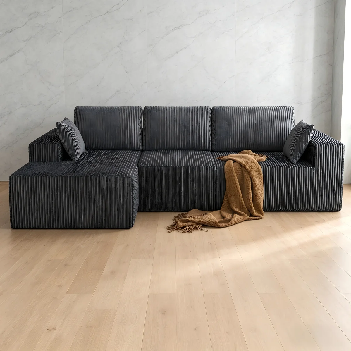 Sofá modular de terciopelo, asiento profundo, espuma viscoelástica, portavasos, diván Bon, silla lateral izquierda, comodidad duradera y diseño práctico para sala de estar
