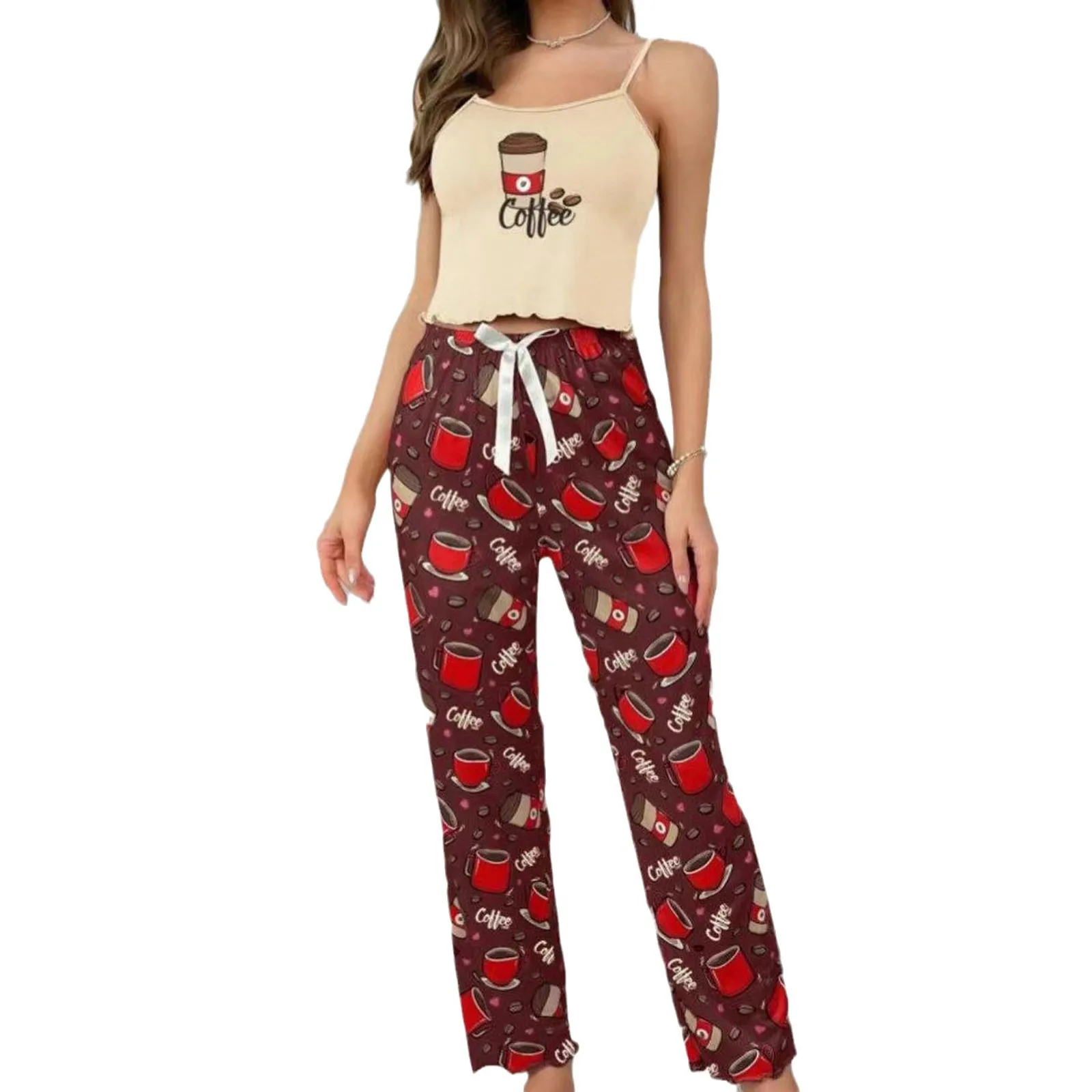 Women\'s Pajamas Printed Suspenders Twisted Hem Long Pants Two-Piece Set Comfortable Home Casual Sexy Home Clothes