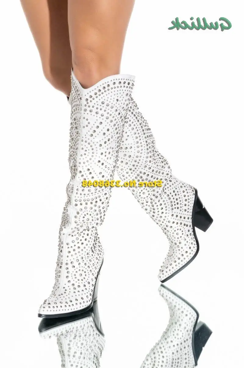 Boot Studded Pointy Toe Block West Chunky Cowboy Heel Knee High Crystal Handmade Winter Boots White Slip On Women Fashion Shoes