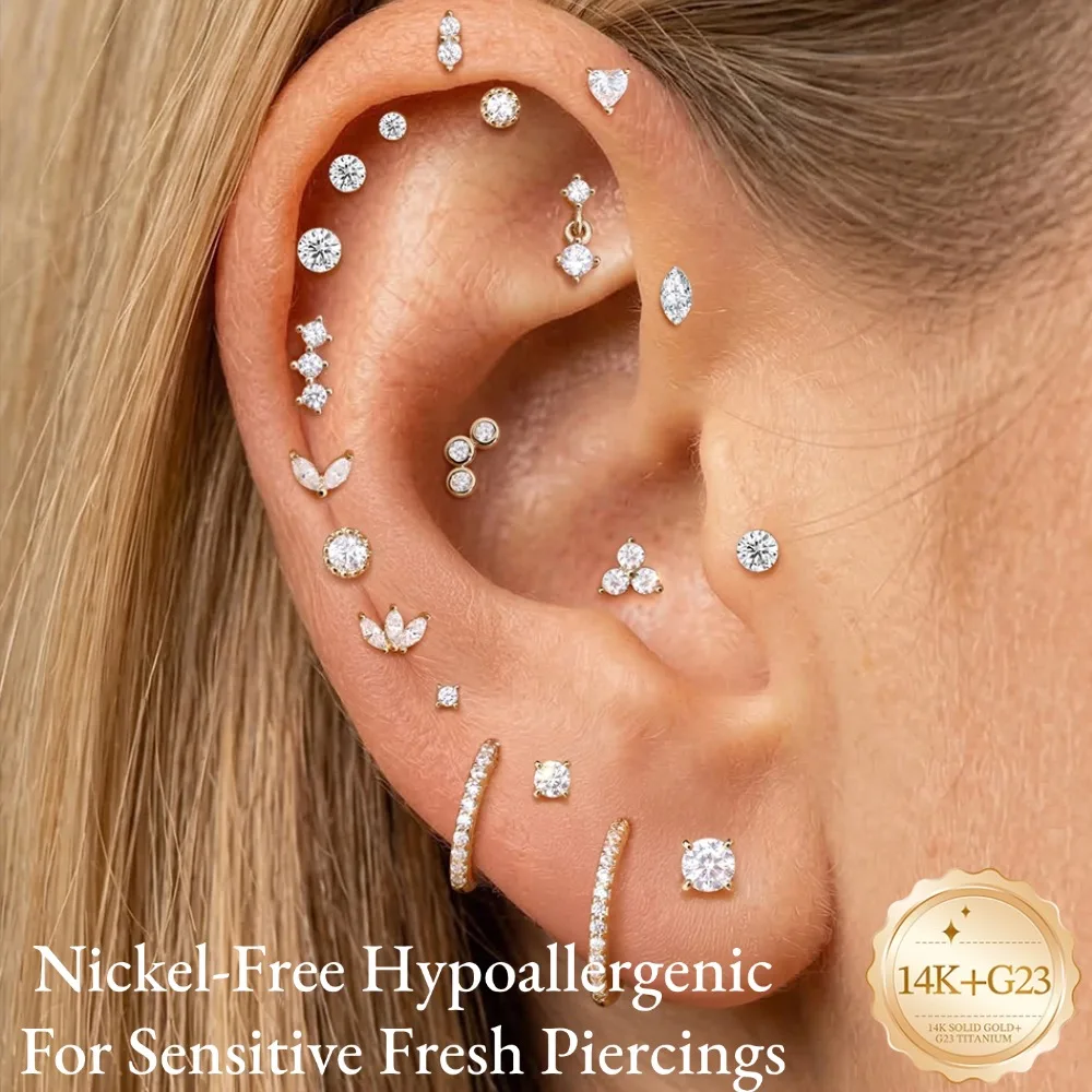 Imagen 3: Pendientes de Oro Sólido de 14K DIeSchein para Mujer, Pendientes de Lujo con Parte Trasera Plana de 18G para Piercings Helix, Tragus y Daith