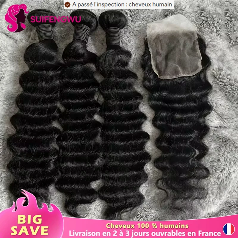 Deep Wave Tissage Cheveux Humains Avec Fermeture 3/4 Tissages avec 4X4 HD Fermeture à Lacets 100% Cheveux Vierges Extensions