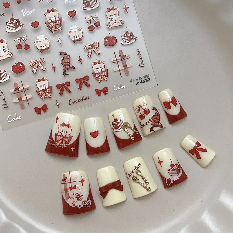 1pcs New Year 2025 Red Bow Bear Christmas Tree Nail Art Stickers Lucky Bear Friuts Self Adhesive Nails Stickers DIY Decor Decals