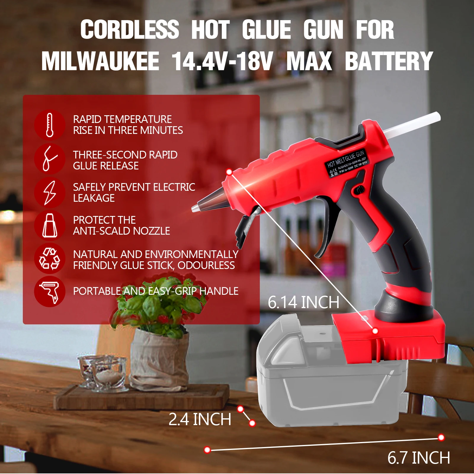 50W Cordless Hot Glue Gun Handheld Electric Glue Gun DIY Repair Tool with 30pcs 7mm Glue Sticks for Milwaukee 18V Battery Pin