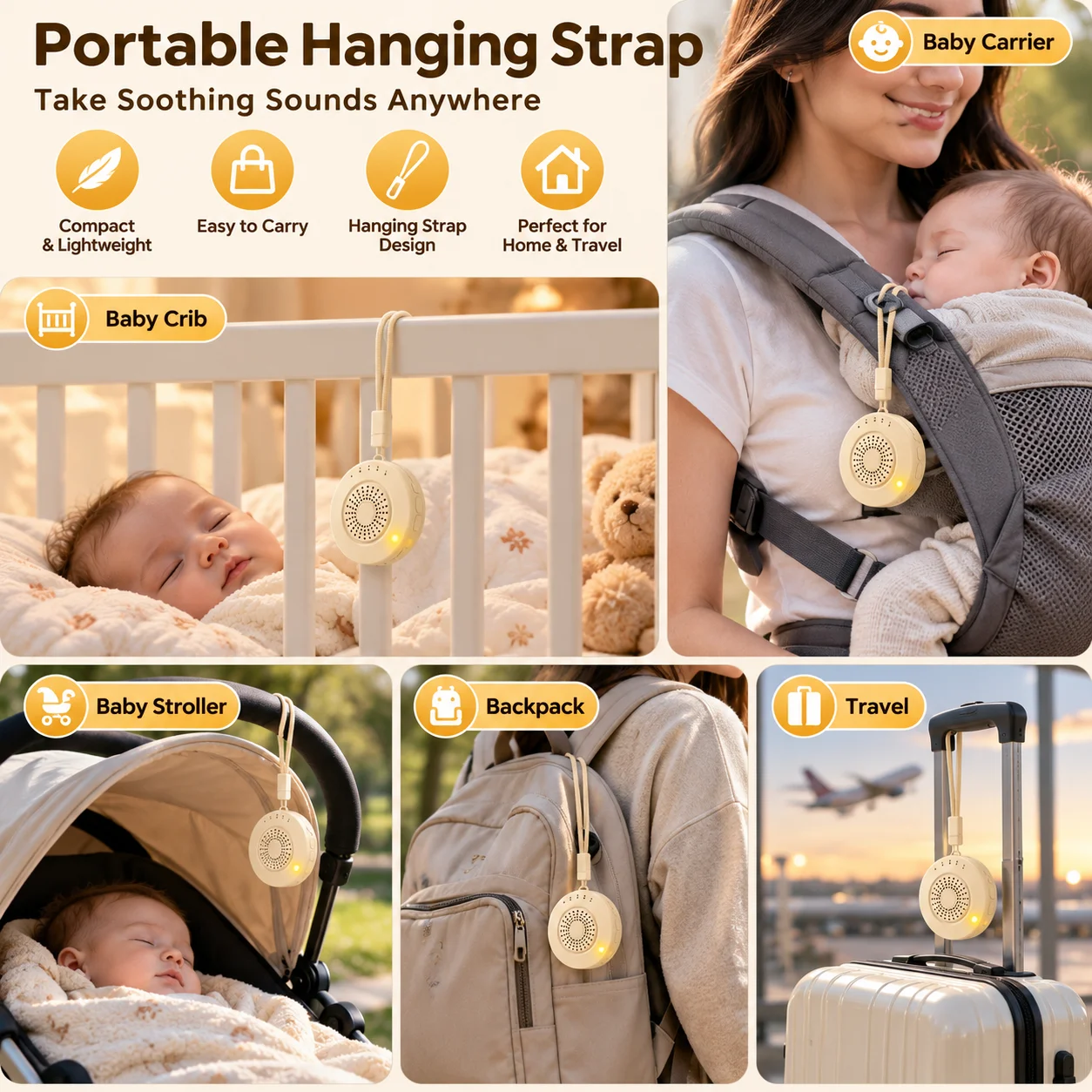 Portable White Noise Machine 20 Soothing Sounds, 30H+ Battery, Baby Sleep Sound Machine with Night Light, Timer, No WiFi