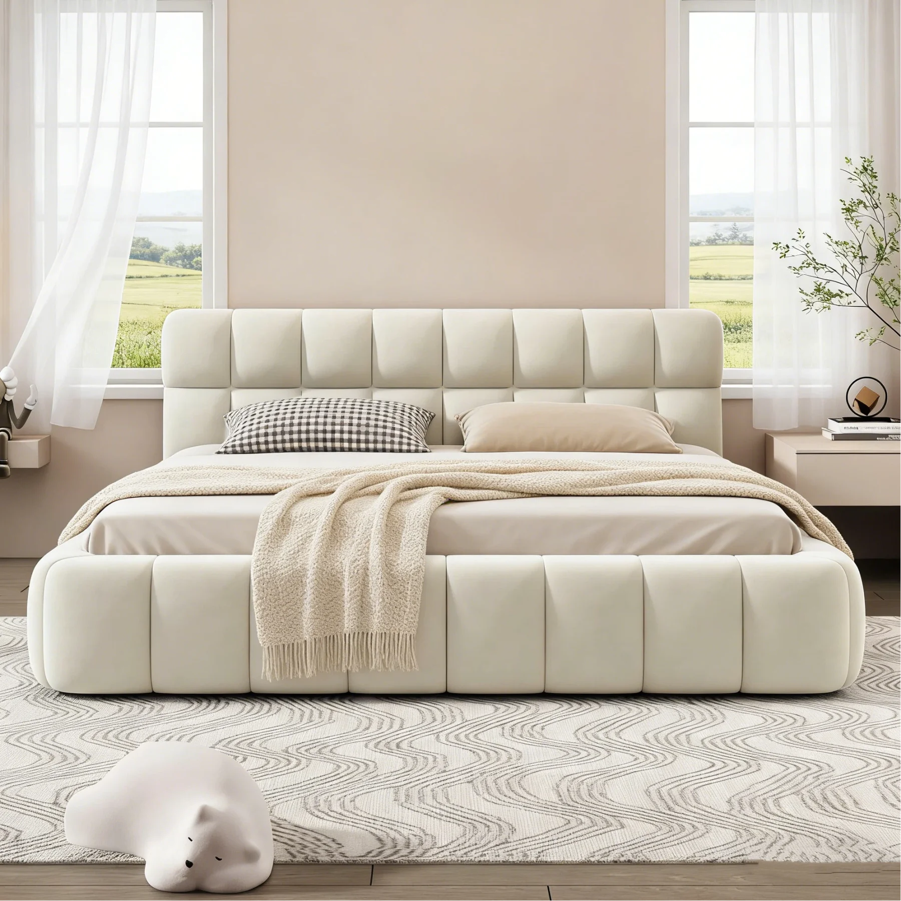 Gepolstertes Bubble-Bett, 160 x 200 cm, Doppelbett mit Spitzenbesatz, Jugendbett, mit Lattenrost, Leinenstoff, Matratze nicht im Lieferumfang enthalten