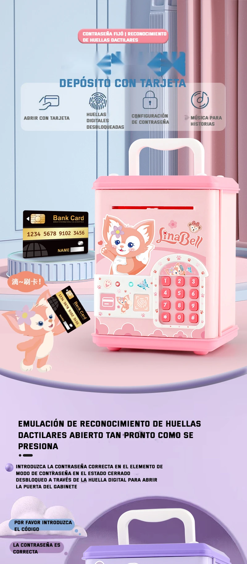 Kuromi smart technology Electronic piggy bank: fingerprint function, card unlock and numeric keypad, interactive children's safe with music and automatic coin suction