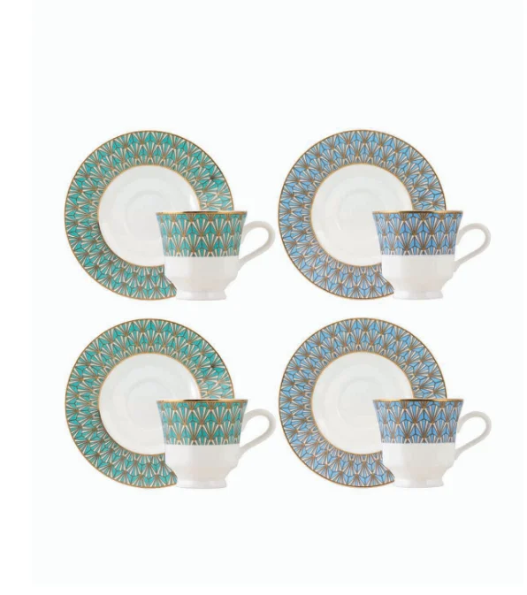 Coffee Cup, Handmade Espresso Cup, Blue-Green Patterned Porcelain Cup, design English Coffee Cup Set of 4