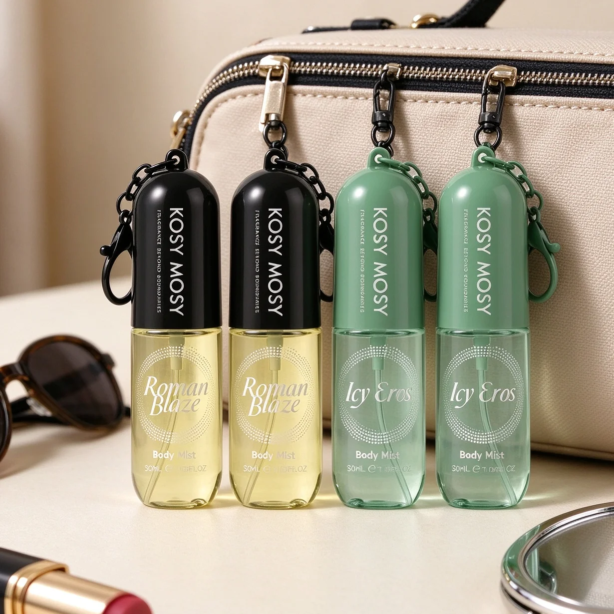 KOSY MOSY 4 Piece Shimmer Body Mist Gift Set Portable Keychain Design Mini Fragrance Spray Travel Size Scented Body Perfume For Female Daily Dating
