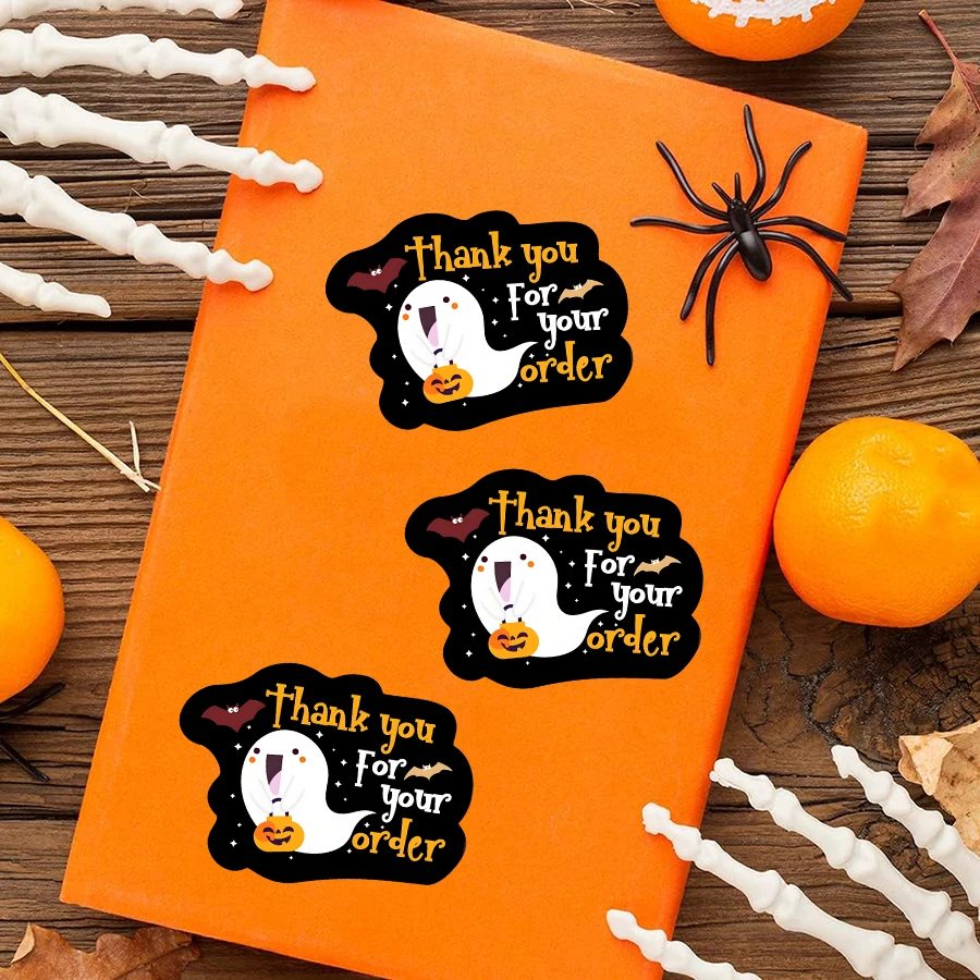 100 Pcs Halloween Thank You Stickers for Small Business –Black Ghost-Themed Packaging Labels,  , Self-Adhesive