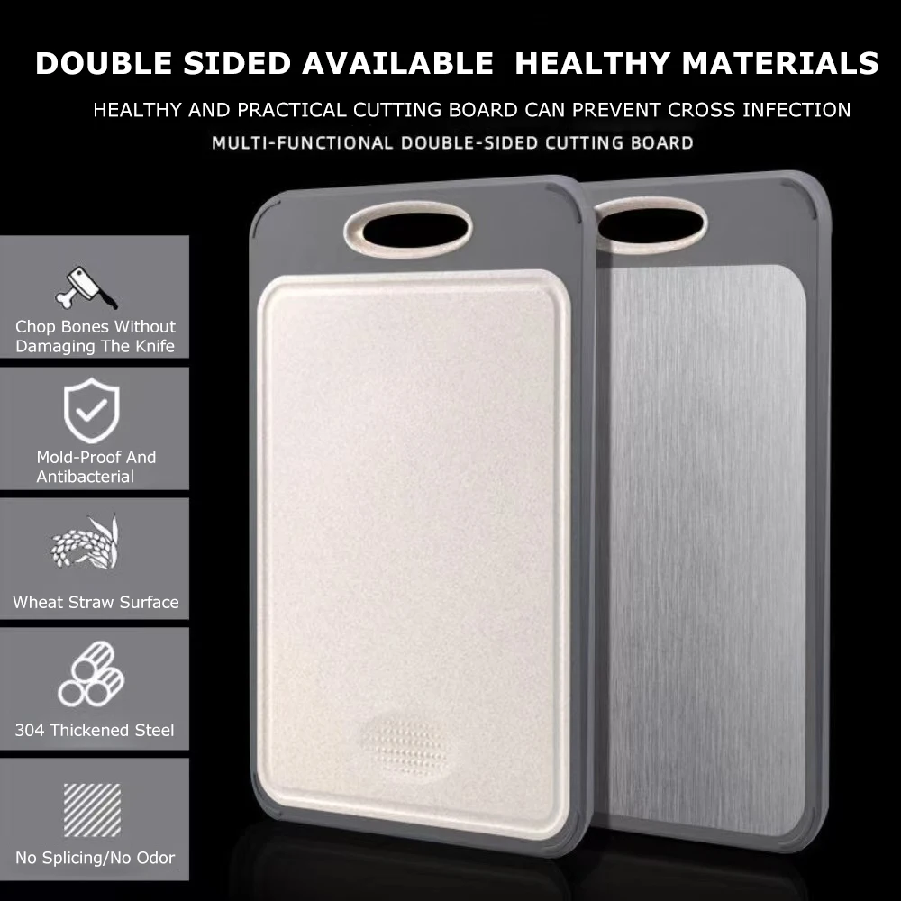

Двусторонняя разделочная доска из толстой нержавеющей стали и травы пшеницы для мяса, овощей, фруктов, противоскользящая, легко очищаемая кухонная разделочная доска кабана