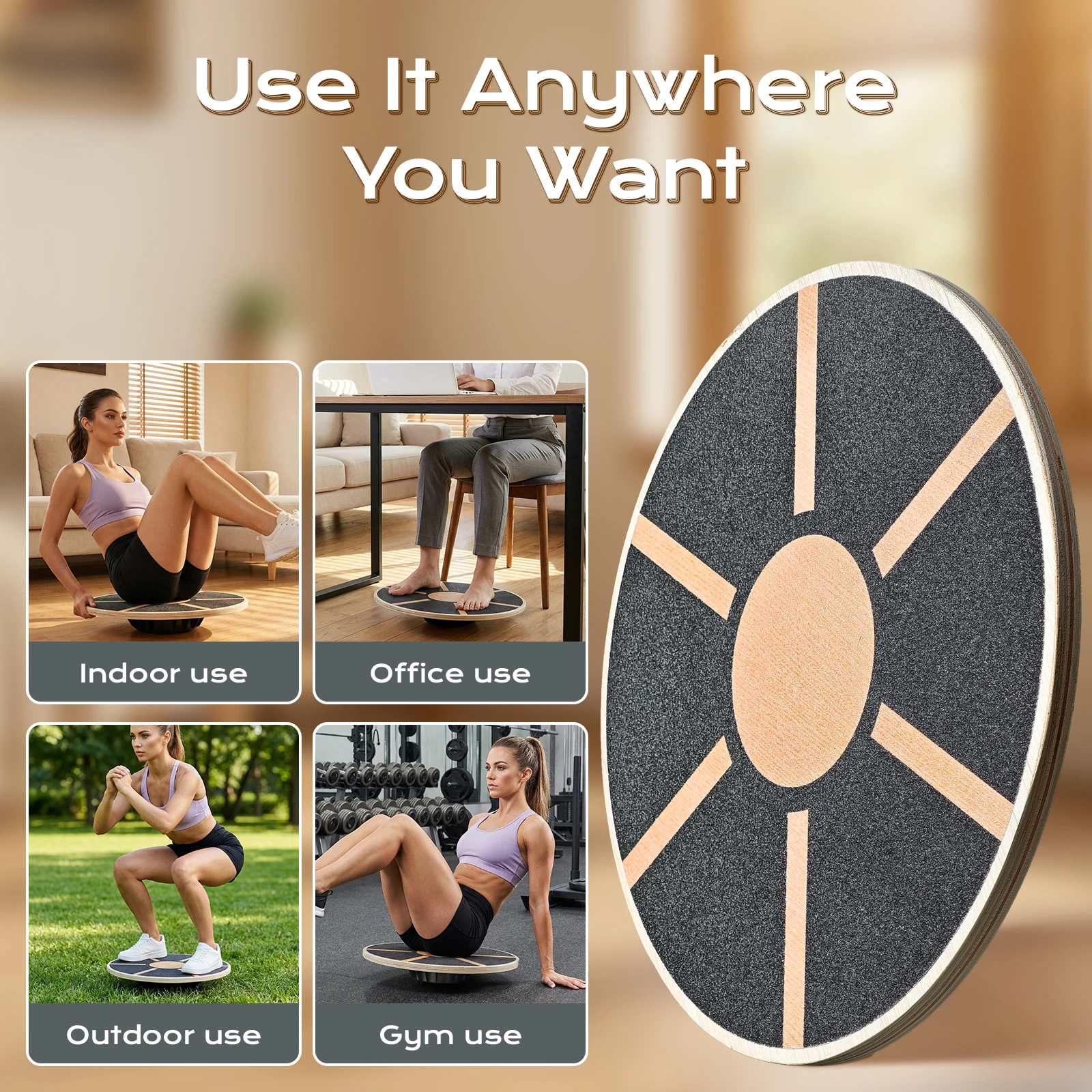 Wooden Balance Board with Rubber Base