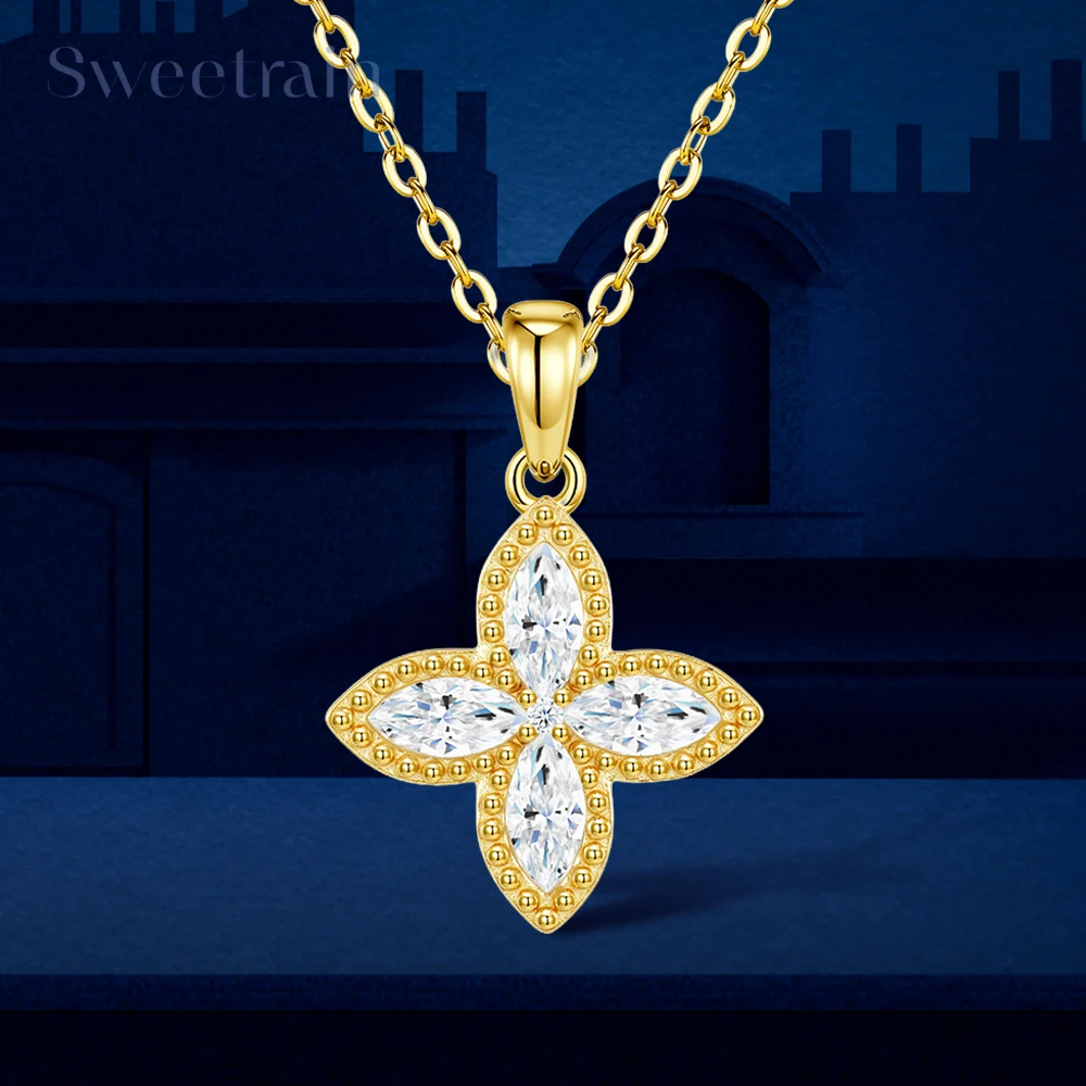 Marquise Cut Moissanite Necklace for Women S925 Sterling Silver 18K Gold Plated Four Leaf Clover Pendant Necklaces Fine Jewelry