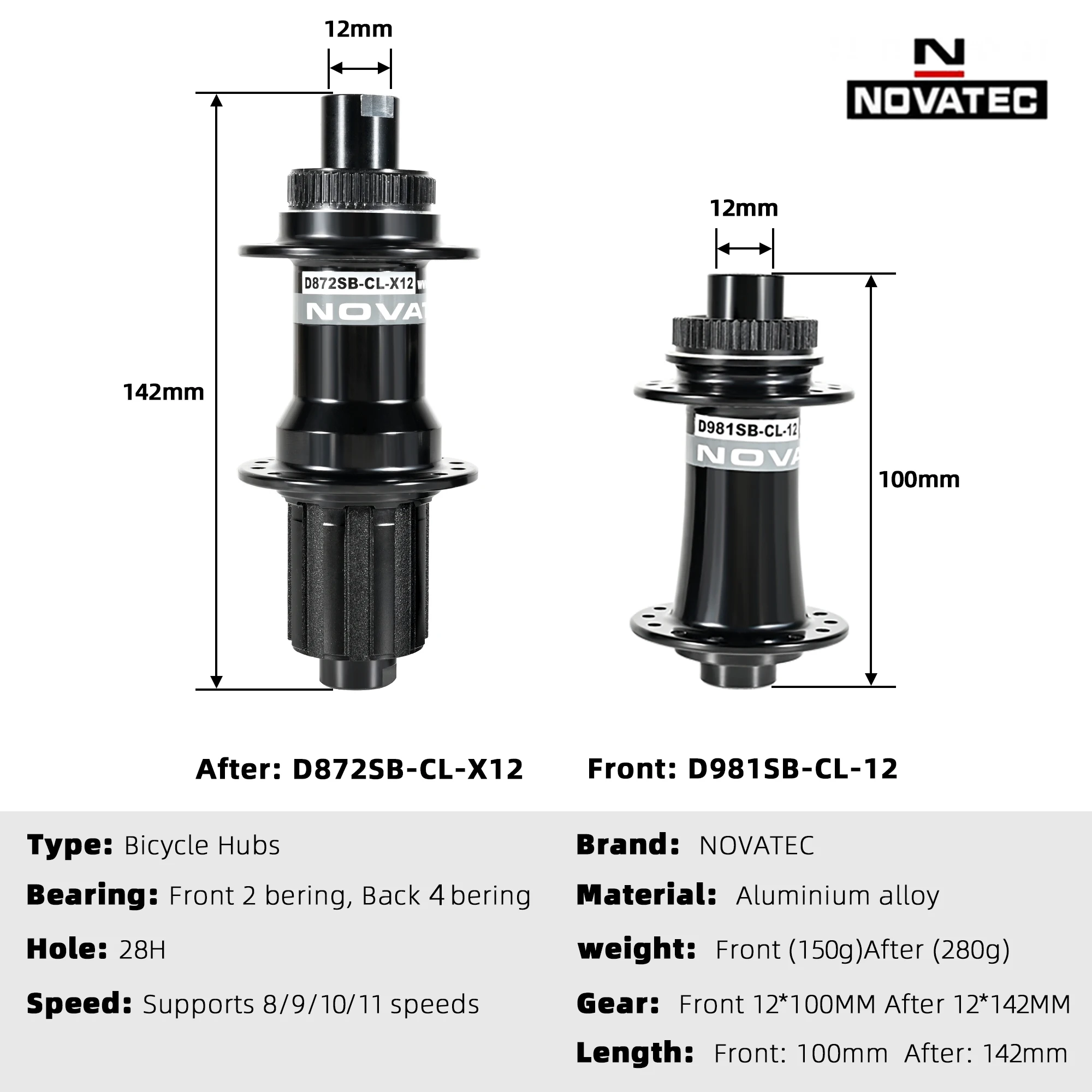 Novatec MTB/Road Bike Hubs D981SB/D872SB Bike Hub Center Lock Disc Brake 28 Holes 4 Bearings HG 8/9/10/11-Speed 100/142x12mm