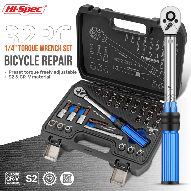 

Hi-Spec 32PCS 2-24N.m Precise Double Scale Preset 1/4'' Torque Wrench Set for Bicycle Motorcycle Ratchet Repair Socket Spanner