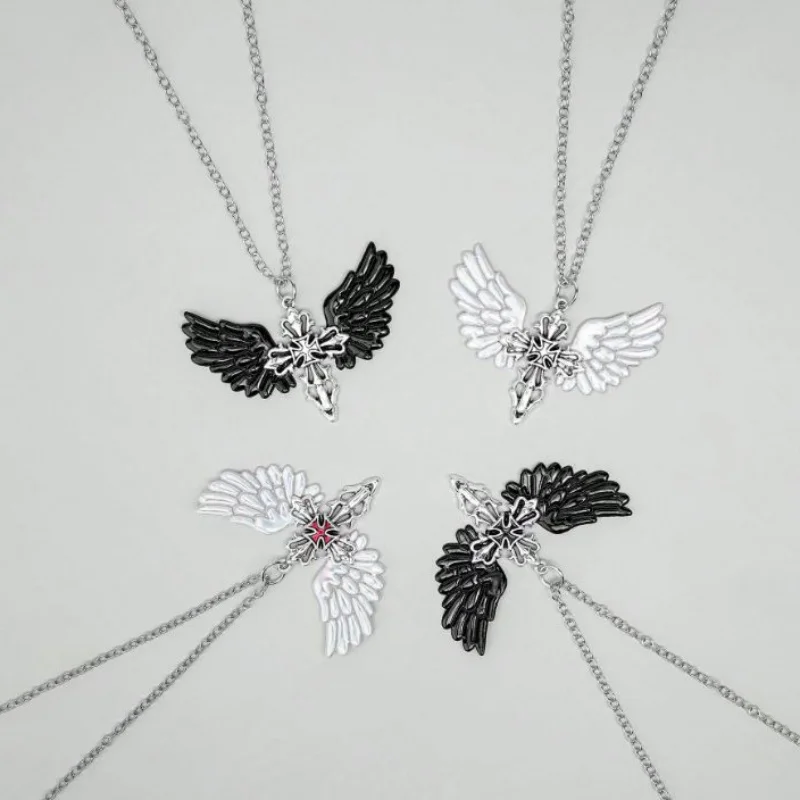 4Pcs Gothic Wing Cross Pendant Necklace Set, Silver Chain Black and White Angel Wing Cross Necklace, Dark Aesthetic Jewelry
