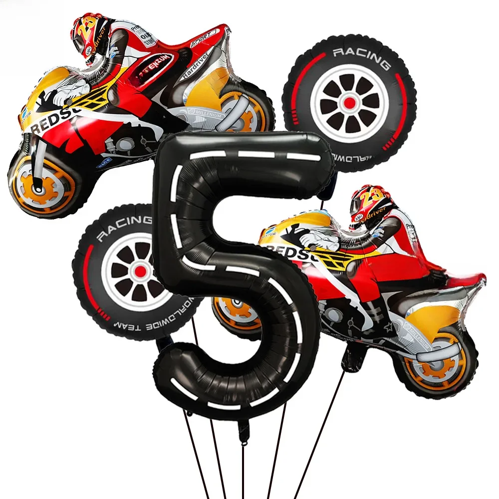 Ballon en aluminium pour moto, 5 pièces, numéro noir, pneu de roue de moto, fête de 5e anniversaire pour garçons, décor de fête à thème de voiture de course