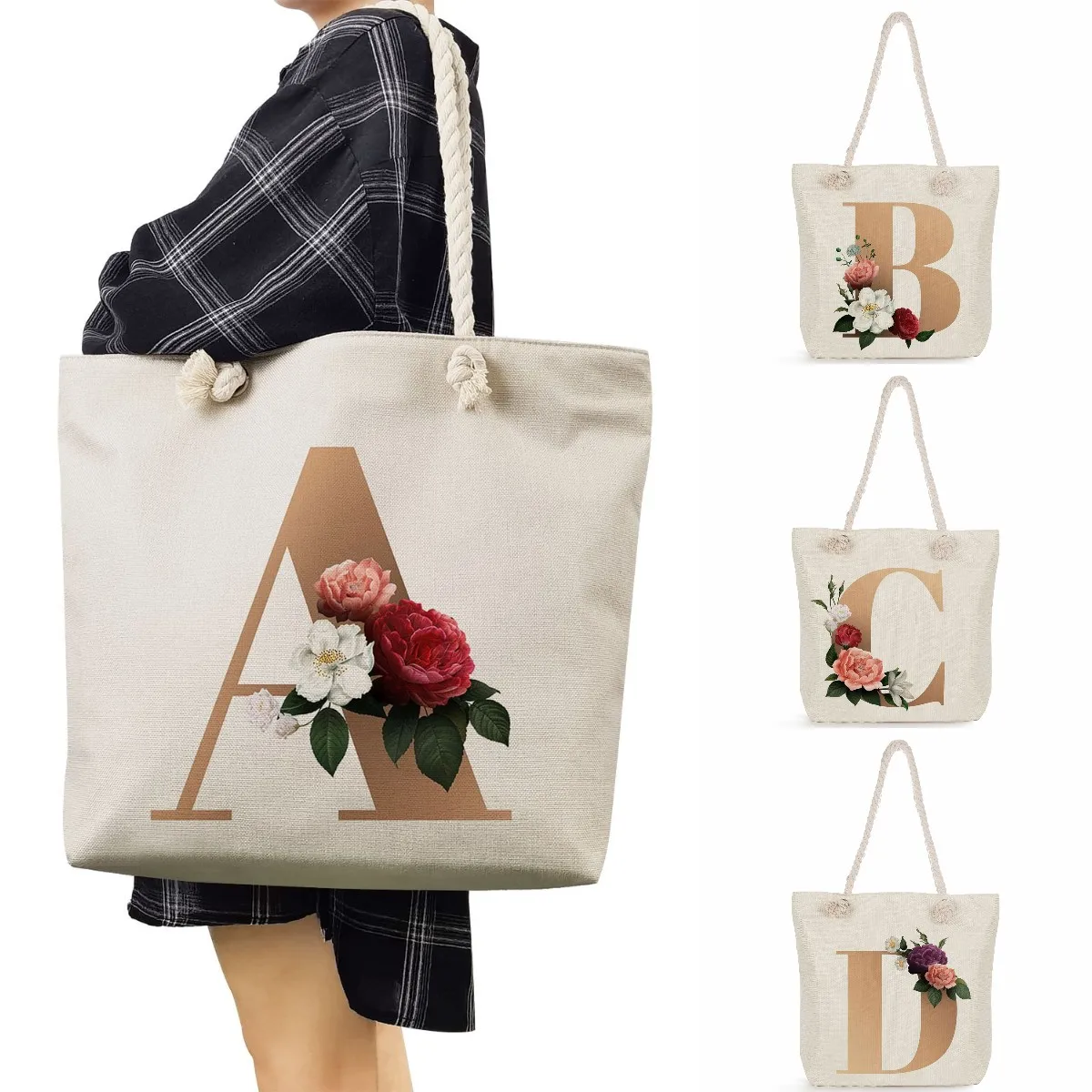 Student Thick Rope Tote Bag Ladies Shopper Bag Customizable High Capacity 26 Letters Handbags Reusable Women Shoulder Style Bag