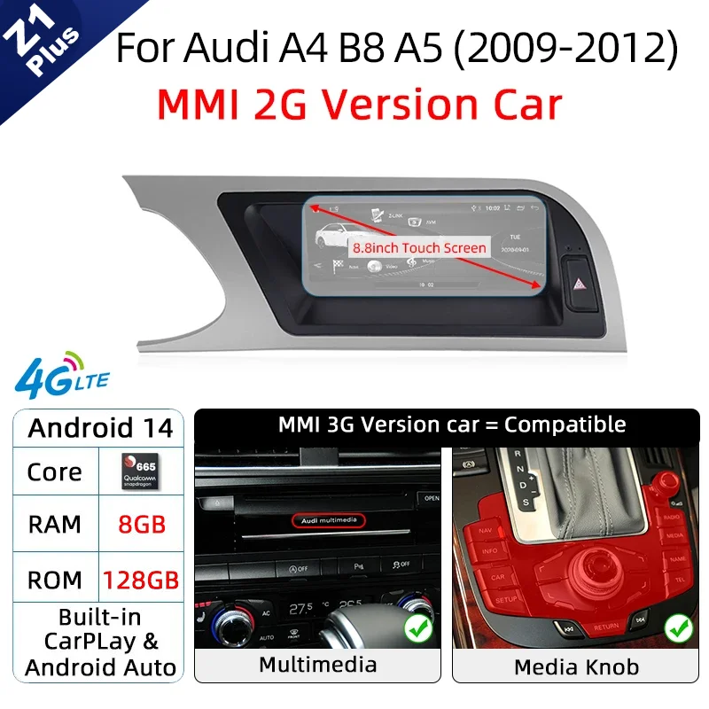 Android 14 Draadloze Carplay Autoradio voor Audi A4 B8 A5 2008-2017 GPS Autoradio IPS Touchscreen Multimedia Android Auto BT DSP