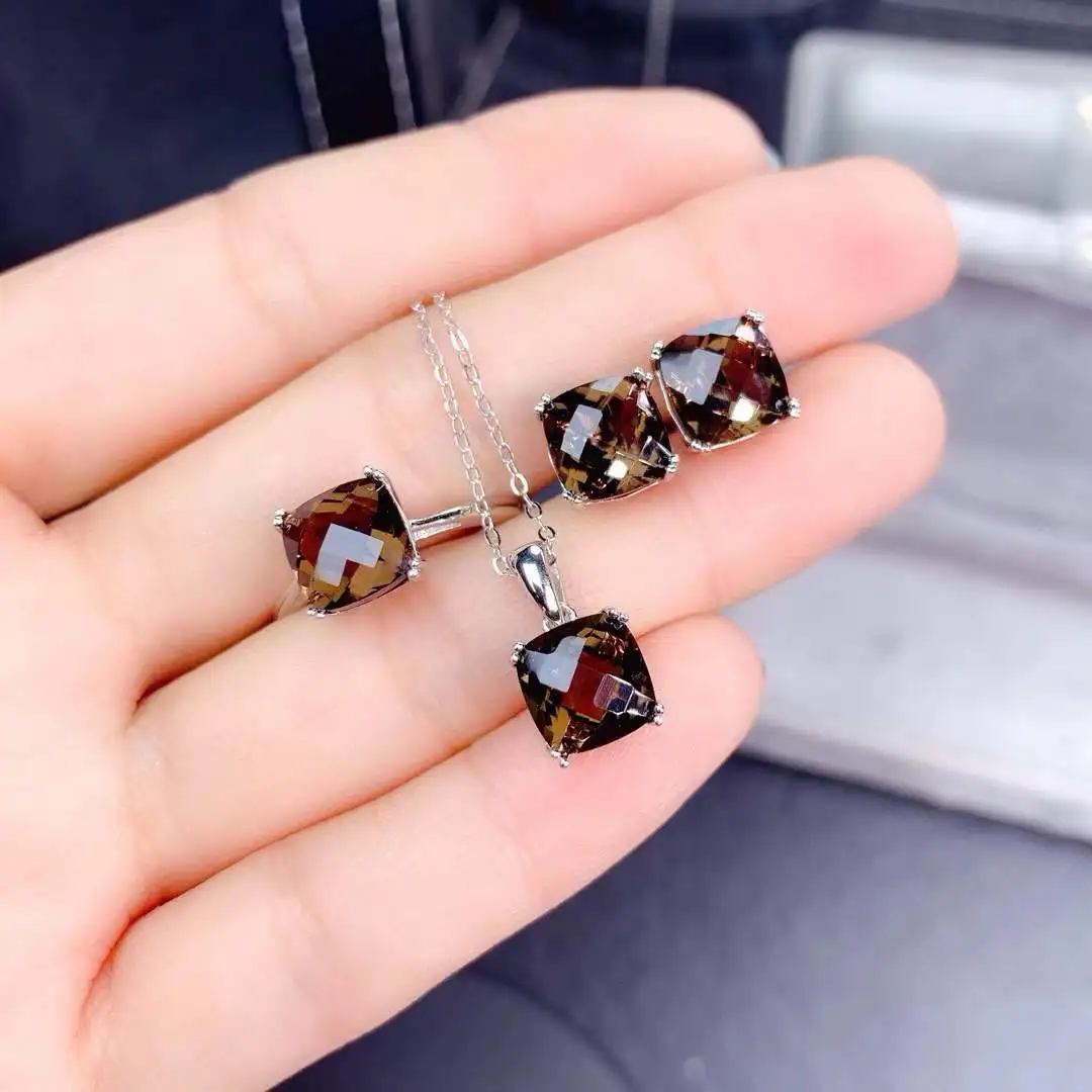 KJJEAXCMY Boutique Jewelry Women's Natural Tea Crystal Pendant Necklace Ring Earnail Set 925 Pure Silver Wedding Birthday Party