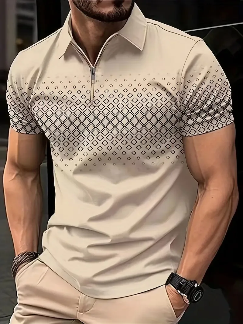 Men's Polo Shirt Fashion Dot Print T Shirt,Zip Polo Shirt Retro Casual Short Sleeve Summer Streetwear Men's Casual Plus Size