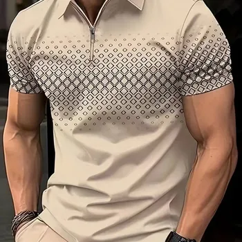 폴카 도트 프린트 티셔츠, 지퍼 폴로 셔츠, 캐주얼 반팔 스트리트웨어, 남성 캐주얼 플러스 사이즈 패션, 여름 