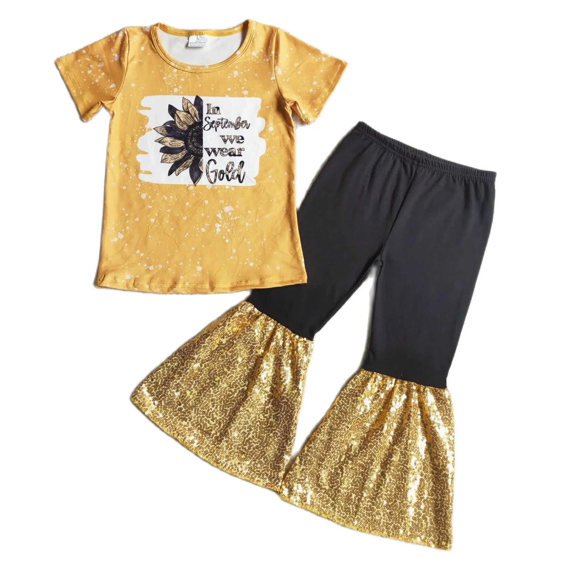 

E4-29 Kids Girl Autumn Outfit Sets Short Sleeves Top Sunflower Orange Initiative Sequins Print With Trousers Children Clothes