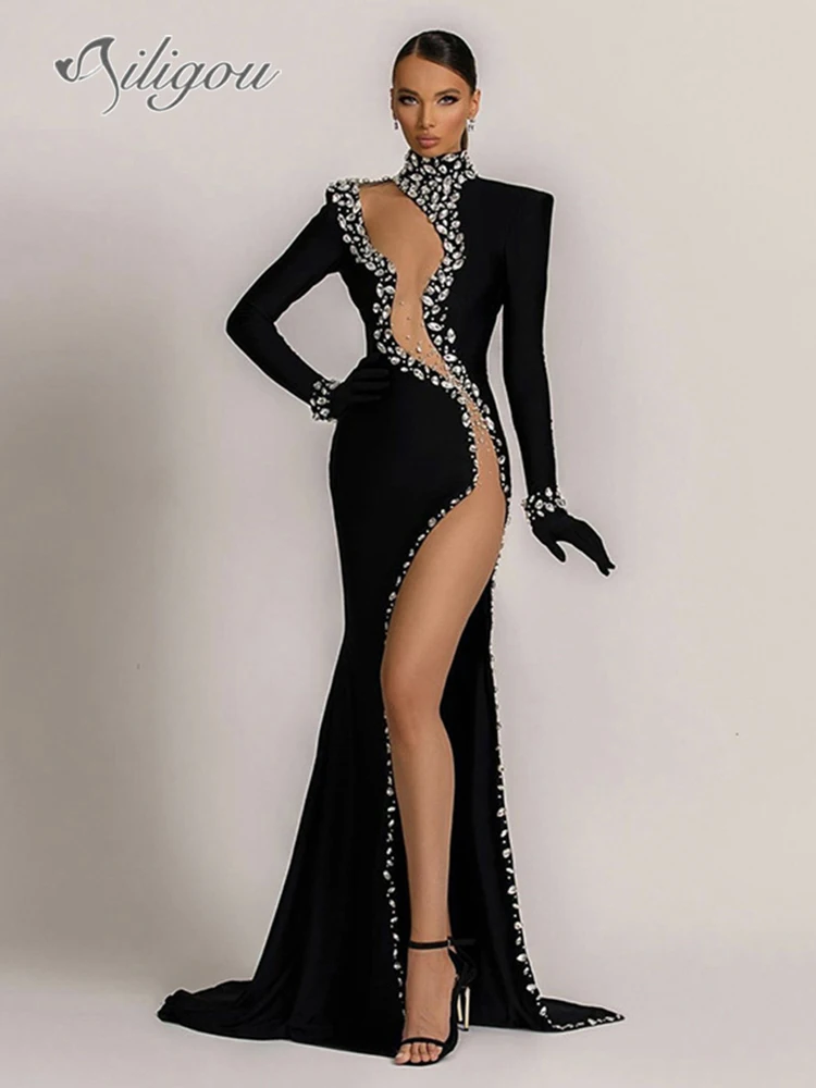 

Ailigou 2024 New Women's Wear Sexy Luxury Diamond Sexy Mesh Long Bandage Dress Elegant Ball Dress Sexy Party Evening Dress